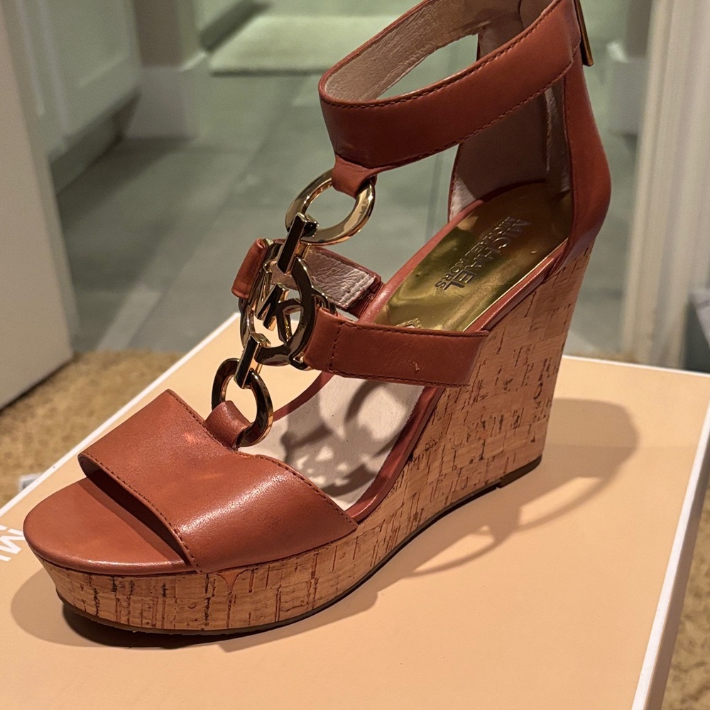 Michael Kors Tan Wedge Sandals with Gold Accents